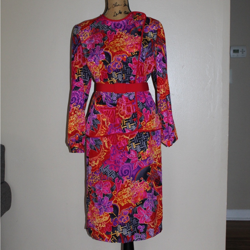 Vintage Charles Carroll Floral Embossed Satin 2 Pc Skirt Blouse Set Women’s S